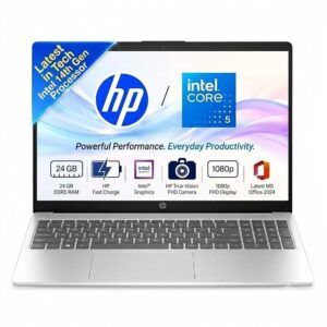 HP 15 Laptop, (14th Gen Core i5) Intel Core 5-120U (24GB RAM, 512GB SSD, Win 11, M365 Basic(1yr)* Office24,15.6''/39.6cm FHD Anti-Glare Display, Backlit KB, FHD Camera, Dual Speakers, Silver, 1.59kg)